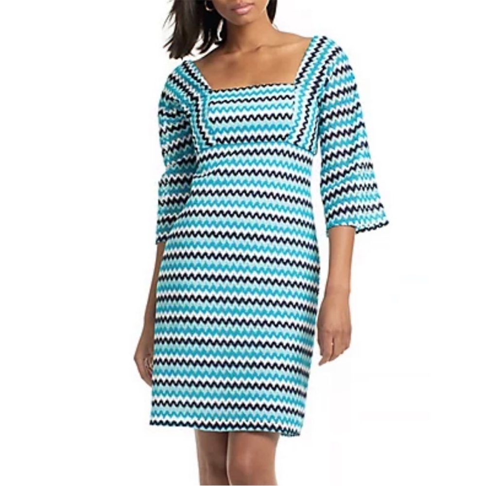 NWT Trina Turk Quanit Square Neck 3/4 Bell Sleeved Dress Zig Zag Crochet Size 10